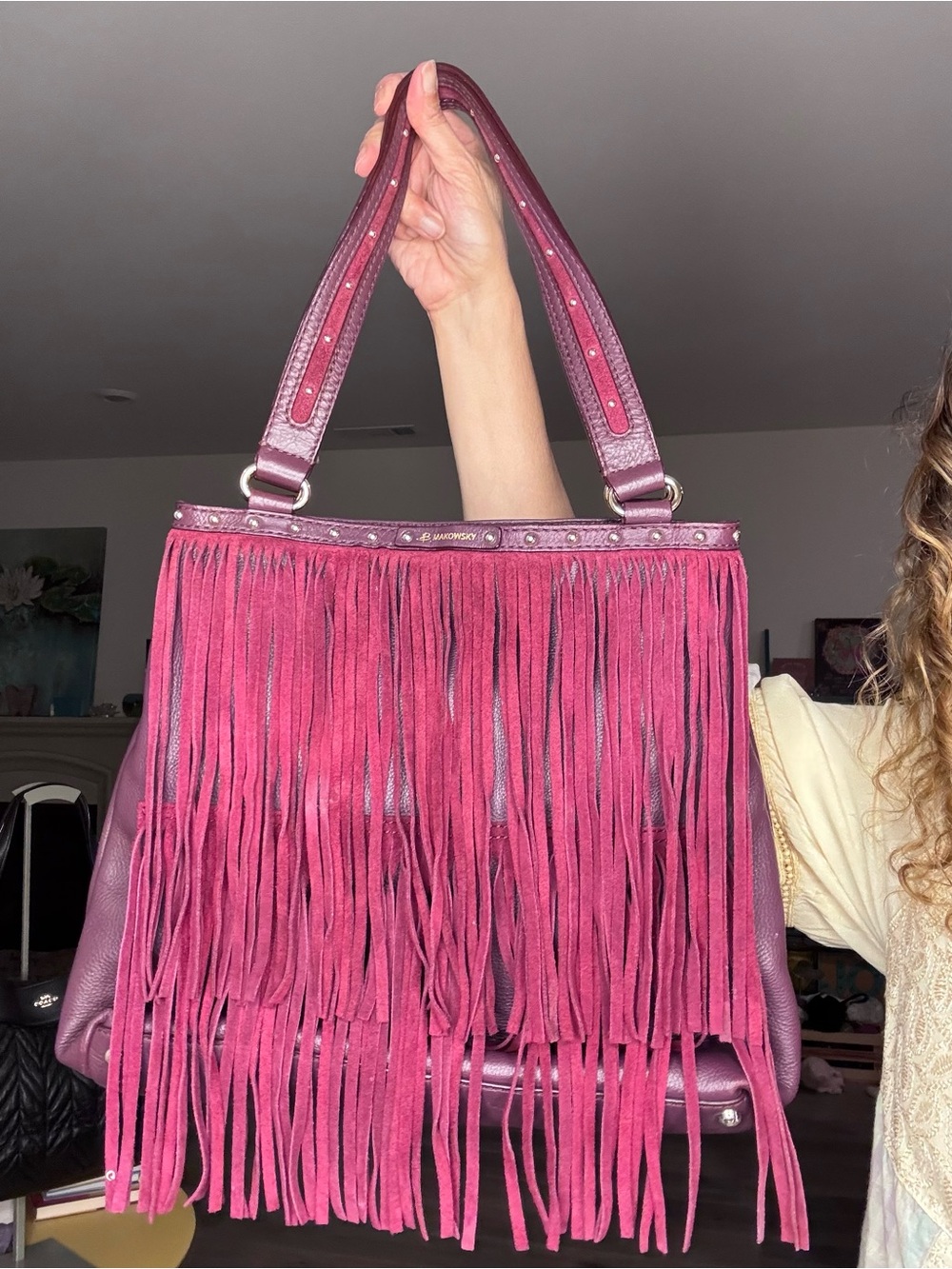 B Makowski fringe studded shoulder bag burgundy red